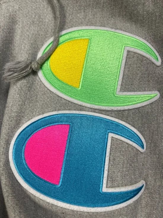 Champion Gray Reverse Weave Neon Multi-Logo Big C Hoodie Size Medium - Picture 9 of 12